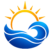 Blue ocean waves with a golden sunrise logo